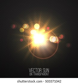Vector realistic sun on transparent . Abstract warm light and rays with bokeh . Glowing light effect with sparkles . Nature object . Sunshine design . Solar lens flare illustration 