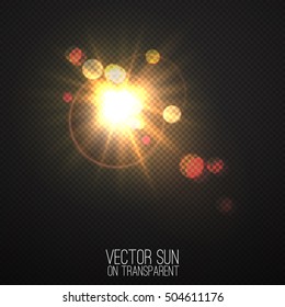 Vector realistic sun on transparent . Abstract warm light and rays with bokeh . Glowing light effect with sparkles . Nature object . Sunshine design . Solar lens flare illustration 