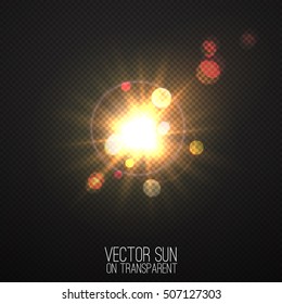 Vector realistic sun on transparent . Abstract warm light and rays with bokeh . Glowing light effect with sparkles . Nature object . Sunshine design . Solar lens flare illustration 
