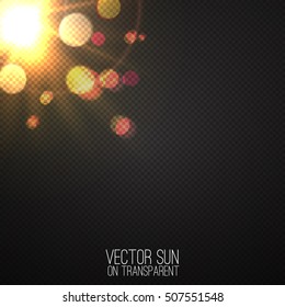 Vector realistic sun on transparent . Abstract warm light and rays with bokeh . Glowing light effect with sparkles . Nature object . Sunshine design . Solar lens flare illustration 