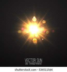 Vector realistic sun on transparent . Abstract warm light and rays with bokeh . Glowing light effect with sparkles . Nature object . Sunshine design . Solar lens flare illustration 
