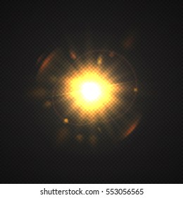 Vector realistic sun on transparent . Abstract warm light and rays with bokeh . Glowing light effect with sparkles . Nature object . Sunshine design . Solar lens flare illustration