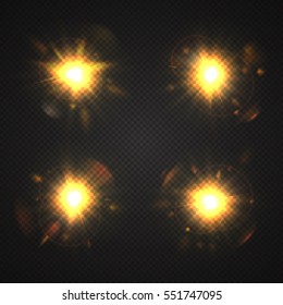 Vector realistic sun set on transparent . Abstract warm light and rays with bokeh . Glowing light effect with sparkles . Nature object collection . Sunshine design . 