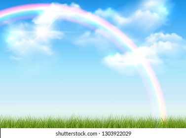 Vector realistic sunny landscape with green lawn, blue sky with clouds and rainbow