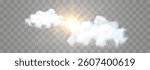Vector realistic sunny-cloudy sky. Sunlight and cloud texture, nature sky. Vector weather element on png background. Glow light effect with cloud, smoke, fog. Isolated on transparent background.