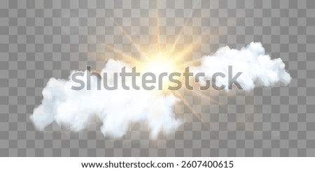 Vector realistic sunny-cloudy sky. Sunlight and cloud texture, nature sky. Vector weather element on png background. Glow light effect with cloud, smoke, fog. Isolated on transparent background.