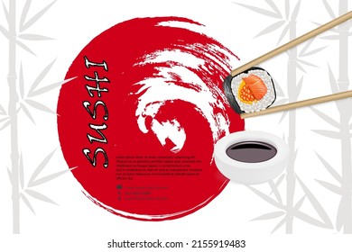 Pancarta de sushi vectorial realista. Sushi con palillos y salsa al fondo de las siluetas de bambú.  Diseño original del restaurante de sushi, cafetería, carteles