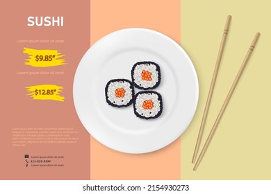 Vektor-realistisches Sushi auf weißem Porzellan mit Bambusstöcken. Sushi Set Werbe-Poster-Illustration. Von oben anzeigen