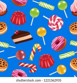 Vector realistic sweet candy pattern or background illustration. Dessert food colorful, tasty and bright caramel, chocolate cream and lollipop