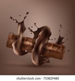 Vector realistic sweet chocolate bar, candy wrapped in spiral melted chocolate isolated on brown background. Chocolate bar ads, packaging design element, advertising poster template