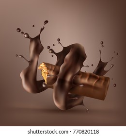 Barra vectorial de chocolate dulce con galletas y caramelo envuelto en chocolate fundido en espiral aislado en fondo marrón. Anuncios de barra de chocolate, elemento de diseño de embalaje, plantilla de póster publicitario