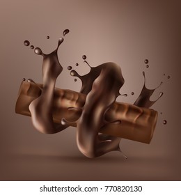 Barra vectorial de chocolate dulce, caramelos envueltos en espiral de chocolate fundido aislado en fondo marrón. Anuncios de barra de chocolate, elemento de diseño de embalaje, plantilla de póster publicitario