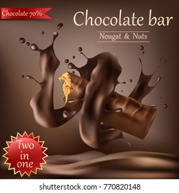 Vector realistic sweet chocolate bar with nougat, nuts and caramel wrapped in spiral melted chocolate isolated on brown. Chocolate bar ads, packaging design element, advertising poster template