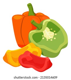 Vector realistic sweet peppers. A whole orange, half a green and slices of red and orange bell peppers on a white background.