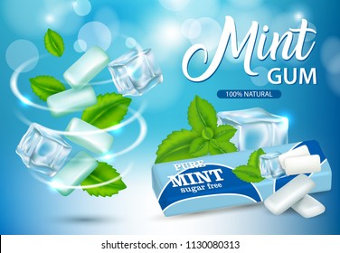 Vector realistic swirl of mint chewing gum pads and green mint leaves, bubblegum paper package design mockup, copy space, blue background. Pure mint and sugar free chewing gum ads.