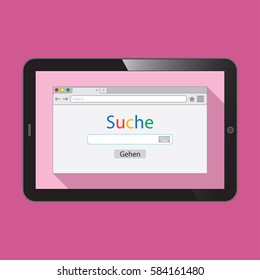 Vector realistic tablet PC with flat style browser window on pink background. Search engine illustration. Inscriptions "Search" and button "Go" in German language.  