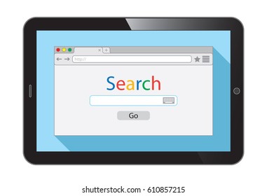 Vector realistic tablet  PC with flat style browser window on blue background. Search engine illustration.