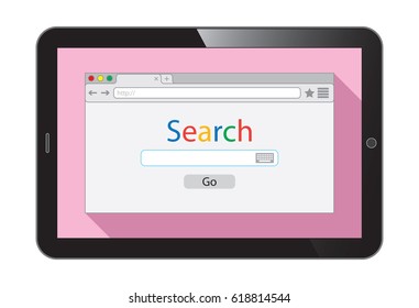 Vector realistic tablet  PC with flat style browser window on pink background. Search engine illustration. 