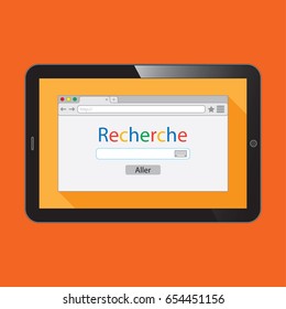 Vector realistic tablet PC with flat style browser window on orange background. Search engine illustration. Inscriptions "Search" and button "Go" in French language.