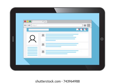 Vector realistic tablet  PC. Internet browser window with an open social network web page on light blue background