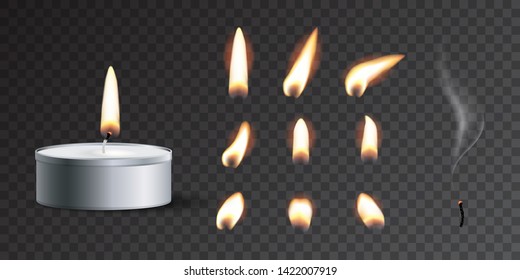 Vector realistic tea candle with fire and candle fire set isolated on transparent background