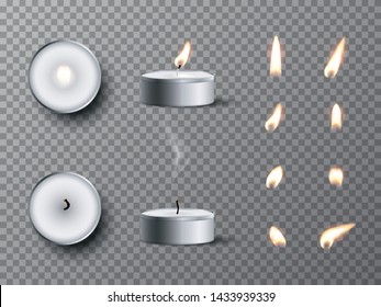 Vector realistic tea candle with fire, extinguished candle with smog and candle fire set isolated on transparent background