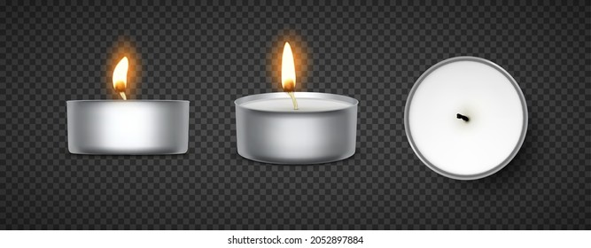 Vector realistic tea candle with fire isolated on transparent background
