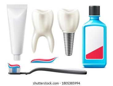 Vector realistic teeth and oral care products mockup set. Mouth wash bottle, white teeth paste tube, teeth brush, dental implant screw, tooth with roots.