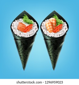 Vector realistic temaki sushi set with salmon, roe, salad, soft cheese and shrimps close up front view isolated on blue background