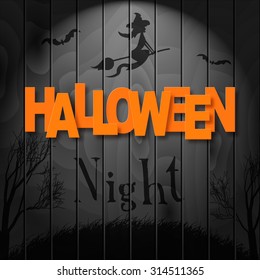 Vector realistic template for HALLOWEEN PARTY. Dark wooden texture with witch, bats and scary trees. 