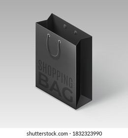 Vector realistic template shopping bag on gray isolated background. 3D isometric icon. Illustration for Black Friday sale banner, discount flyer, poster, ad.