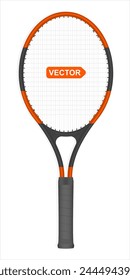 Vector realistic tennis racket, red and black color, isolated on white background. Vector illustration.