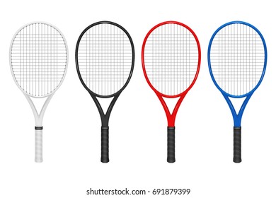 Raqueta de tenis vectorial realista, cerrado aislado sobre fondo blanco. Plantilla de diseño en EPS10.