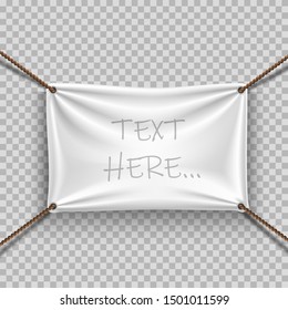 Vector realistic textile hanging fabric white banner with folds for your mock up. Design element for advertising, web site, flyers or banners,  announcement.