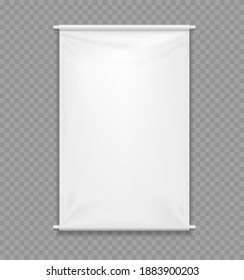 Vector realistic textile roll up banner. Empty Mockup. White blank template for branding and advertising. Rectangular vertical Mock up isolated on transparent. Awning, Textiles, PVC, Vinyl. EPS10.