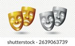 Vector Realistic Theater Mask Set. Comedy and Tragedy Masks. Classic Gold and Silver Theater Mask for Stage Design, Greek Drama, Acting, Performing Arts. Theater Mask, Isolated