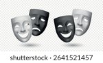 Vector Realistic Theater Mask Set. Comedy and Tragedy Masks. Classic Black and White Theater Mask for Stage Design, Greek Drama, Acting, Performing Arts. Theater Mask, Isolated