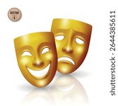Vector Realistic Theater Mask Set. Comedy and Tragedy Masks. Classic Yellow Gold Theater Mask for Stage Design, Greek Drama, Acting, Performing Arts. Theater Mask, Isolated