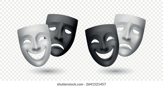 Vector Realistic Theater Mask Set. Comedy and Tragedy Masks. Classic Black and White Theater Mask for Stage Design, Greek Drama, Acting, Performing Arts. Theater Mask, Isolated