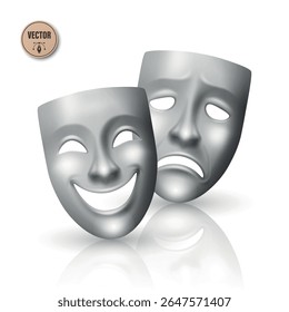 Conjunto de Máscaras de Teatro Realista de Vetor. Comédia e Máscaras da tragédia. Máscara de Teatro Clássica para Design de Palco, Drama Grego, Atuação, Artes Cênicas. Máscara de Teatro, Isolada