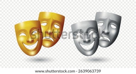 Vector Realistic Theater Mask Set. Comedy and Tragedy Masks. Classic Gold and Silver Theater Mask for Stage Design, Greek Drama, Acting, Performing Arts. Theater Mask, Isolated