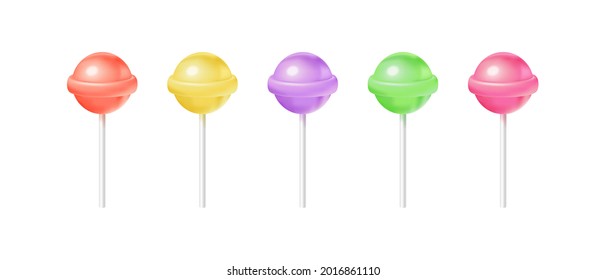 Vector realistic three-dimensional bright lollipops set. Isolated multicolored round candies clipart on sticks on white background