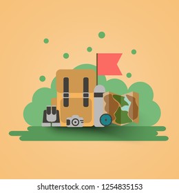 Vector realistic time to travel with items for travelling like backpack.