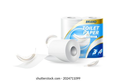 Vector Realistic Toilet Paper Roll Package In Wrapping With Branding And White Feathers. Lavoratory Hygiene Product Mockup. Restroom Soft Touch Toilet Paper.