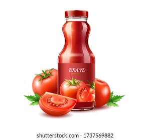 Vector Realistic Tomato Juice In Glass Bottle With Ripe Raw Sliced And Whole Tomatos With Leaves. Fresh Healthy Drink, Bloody Marry Ingredient. Natural Organic Drink Package Design Mockup.
