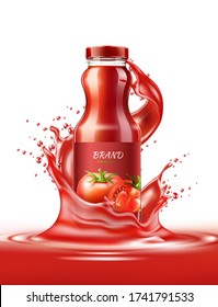 Vector Realistic Tomato Juice In Glass Bottle With Juicy Splash Explosion. Fresh Healthy Drink, Bloody Marry Ingredient. Natural Organic Drink Package Design Mockup.