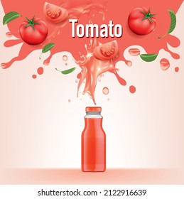 Vector realistic tomato juice in glass bottle with juicy splash explosion. Fresh healthy drink, bloody marry ingredient. Natural organic drink package design mockup.