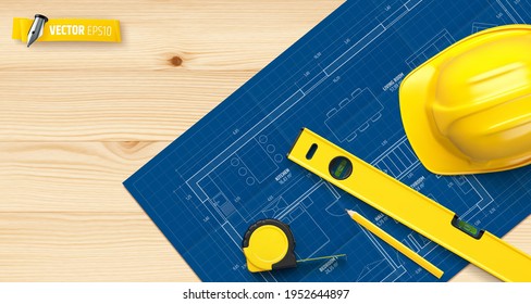 Vector realistic tools and blueprint on a wood background