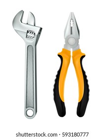 Vector realistic tools wrench and pliers isolated on white background