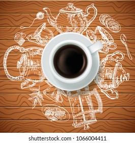 Vector realistic top view cup of black tea with hand drawn doodle tea items around it on wood background. Sketch vintage tea set.